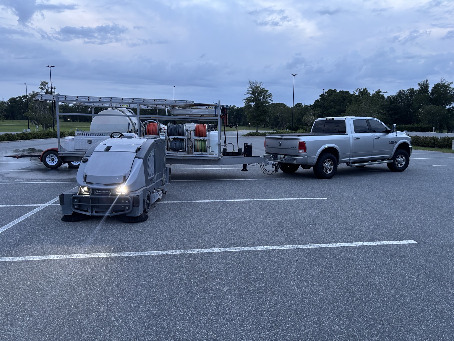Commercial ride-on floor scrubber and mobile equipment